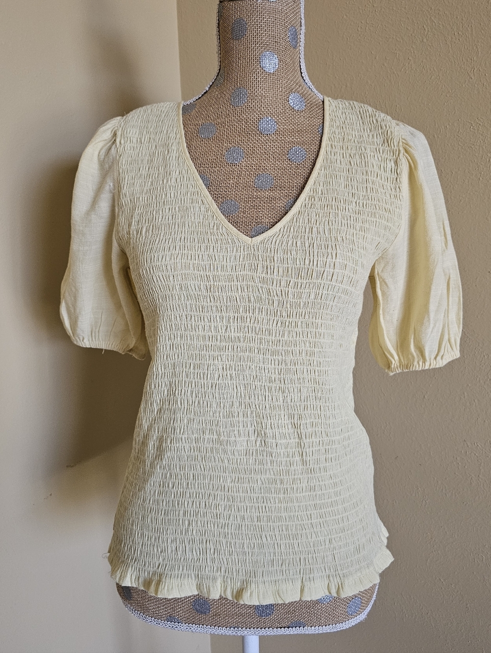 Yellow Puff Sleeve Smocked V-neck Top Medium Nine West